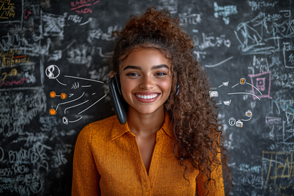 Woman on Phone with Chalkboard Background
