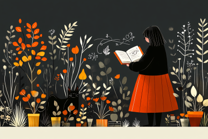 Woman Reading Book with Black Cat and Plants
