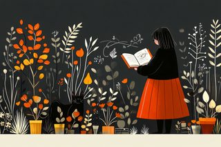 Woman Reading Book with Black Cat and Plants