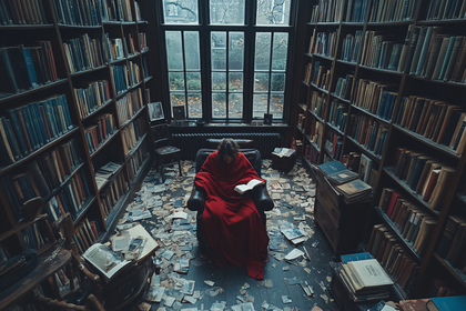 Woman Reading in Book-Filled Library
