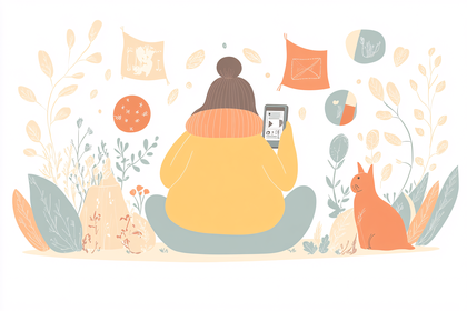 Woman Reading on a Tablet with Cat and Plants