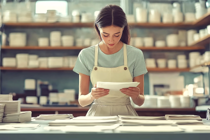 Woman Reviewing Papers In Pottery Workshop