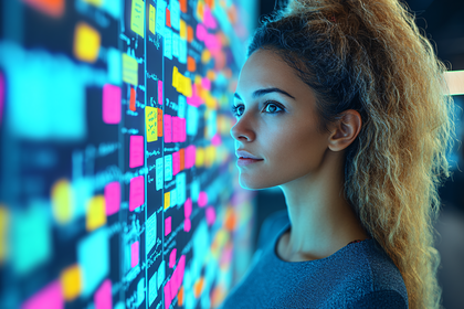 Woman Reviewing Project Plan On Kanban Board
