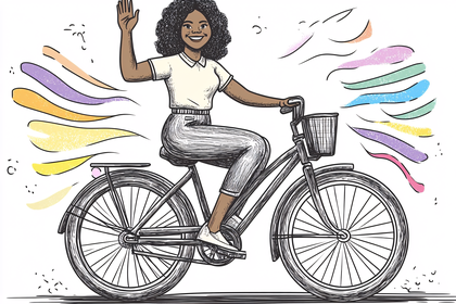 Woman Riding Bicycle and Waving