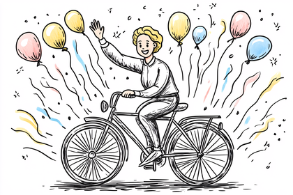 Woman Riding Bicycle with Balloons