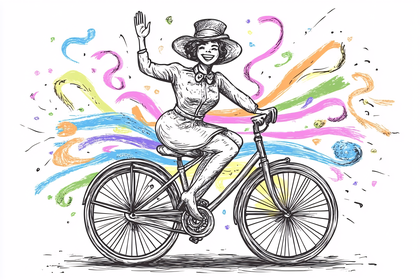 Woman Riding Bicycle with Streamers