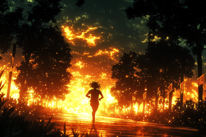 Woman Running Through Fiery Forest