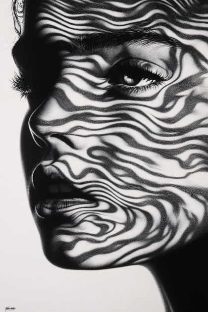Black and White Line Art Portrait of a Woman with Wavy Lines