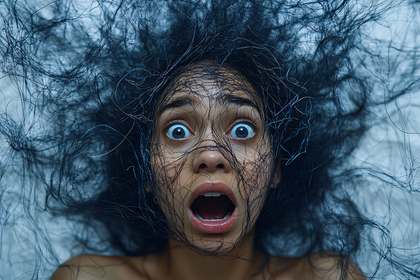Shocked Woman Face Covered in Hair