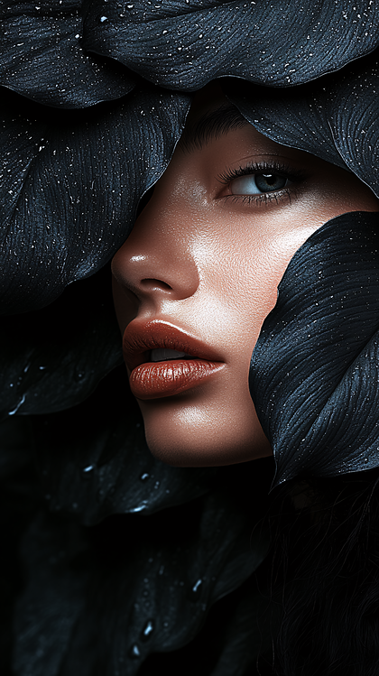 Portrait of a Beautiful Woman with Glossy Lips Surrounded by Dark Leaves