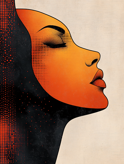 Abstract Woman Profile Portrait with Orange Halftone Effect