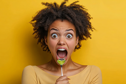 Shocked Woman with Green Smoothie on Spoon