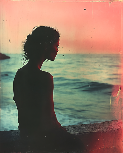 Woman Silhouette By Ocean At Sunset