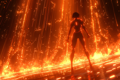 Woman Silhouette in Fiery Digital World