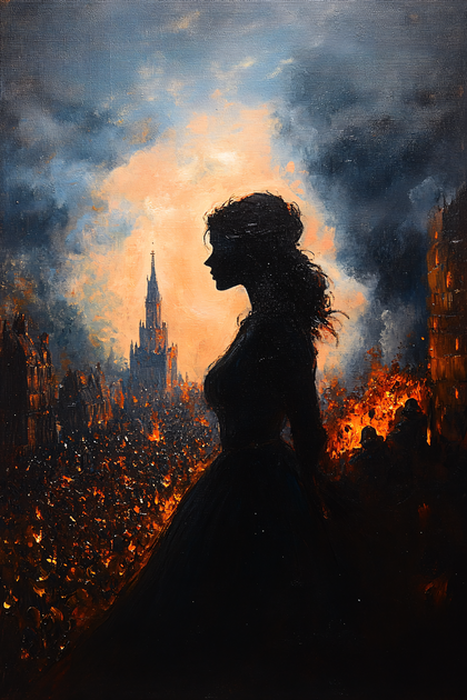 Woman Silhouetted Against Burning City