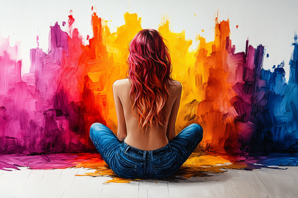 Woman Sitting Against Colorful Painted Wall