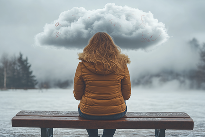 Woman Sitting on Bench with Cloud