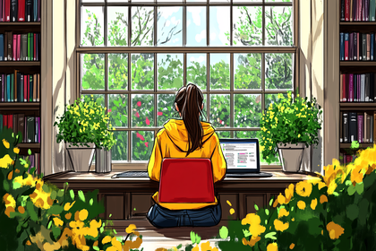 Woman Studying at Desk with Window View