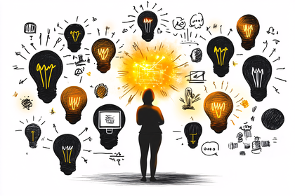 Woman Surrounded by Idea Lightbulbs