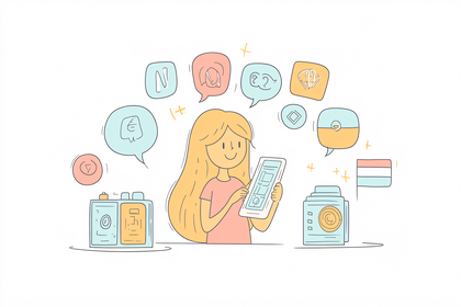 Woman Using Tablet with Speech Bubbles and Icons