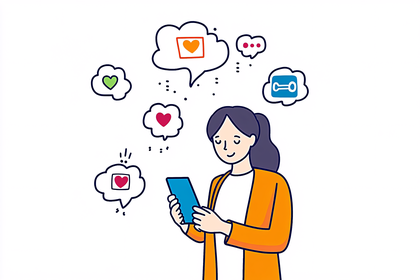 Woman Using Tablet with Thought Bubbles