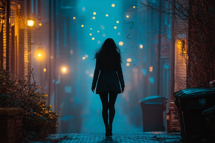 Woman Walking Down a Misty Alley