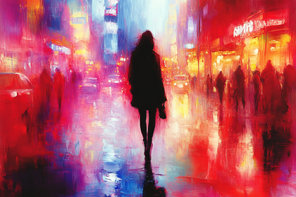 Woman Walking in a Vibrant City at Night
