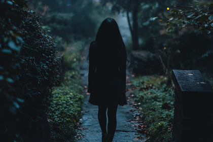Woman Walking in Dark Forest