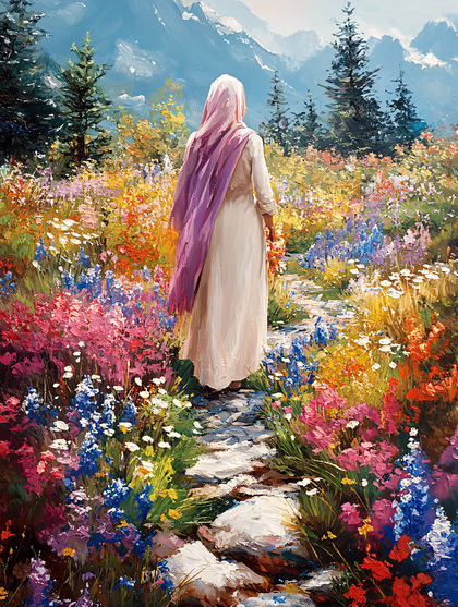 Woman Walking In Flower Field