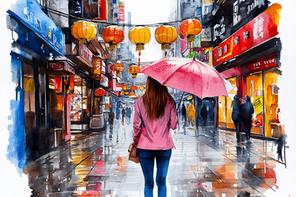 Woman Walking in Rainy Asian Street with Lanterns