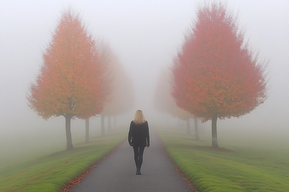 Woman Walking on Foggy Path