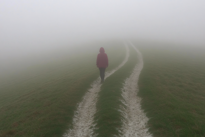 Woman Walking on Foggy Path