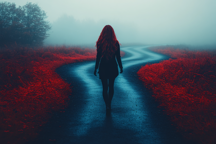 Woman Walking on Misty Road