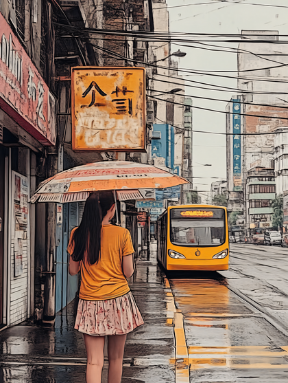 Woman Walking on Rainy City Street with Yellow Bus