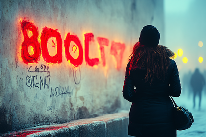 Woman Walking Past Graffiti Wall at Night
