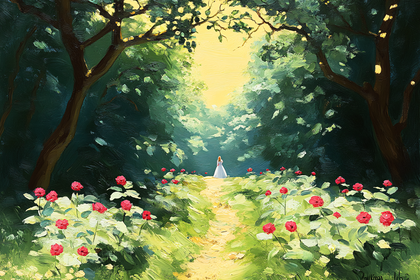 Woman Walking Through Rose Garden Path