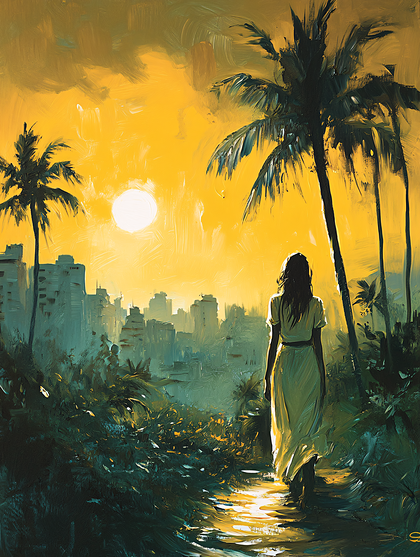 Woman Walking Towards Cityscape