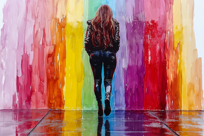 Woman Walking Towards Rainbow Wall