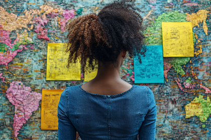 Woman With Afro Looking At World Map With Notes