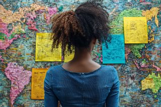 Woman With Afro Looking At World Map With Notes