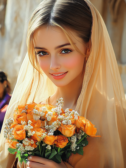 Woman With Bouquet Of Orange Roses