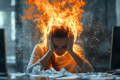 Woman with Burning Head in Office