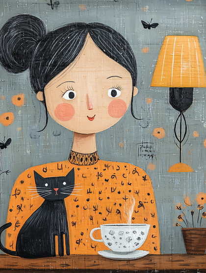 Woman With Cat And Coffee