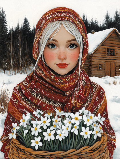 Woman with Flowers in Winter
