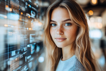 Woman With Freckles Near Futuristic Screen