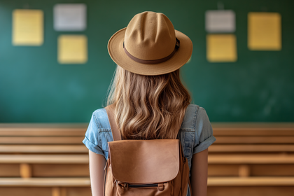 Woman With Hat In Classroom Back View
