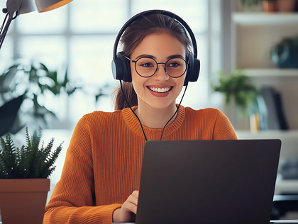 Woman with Headphones Smiling at Laptop