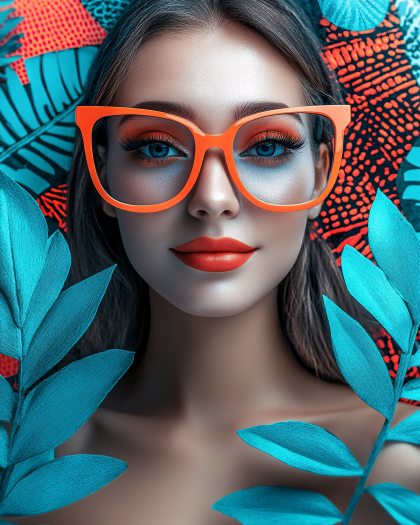 Woman With Orange Glasses And Tropical Leaves