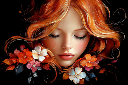 Woman with Red Hair and Flowers