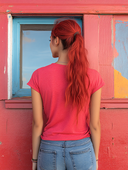 Woman With Red Hair By Colorful Wall